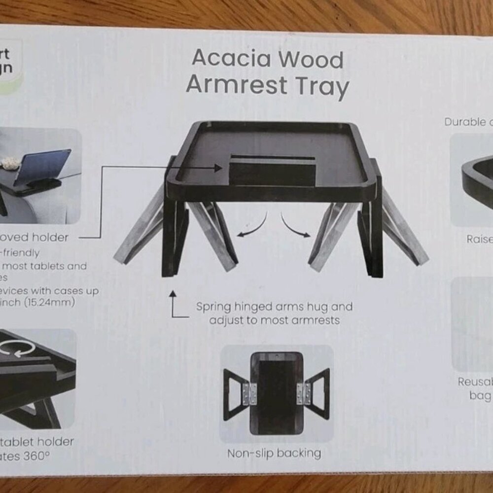 Smart Design Acacia Armrest Tray, Black, Non-Slip Sofa Arm Clip Table - Picture 4 of 4